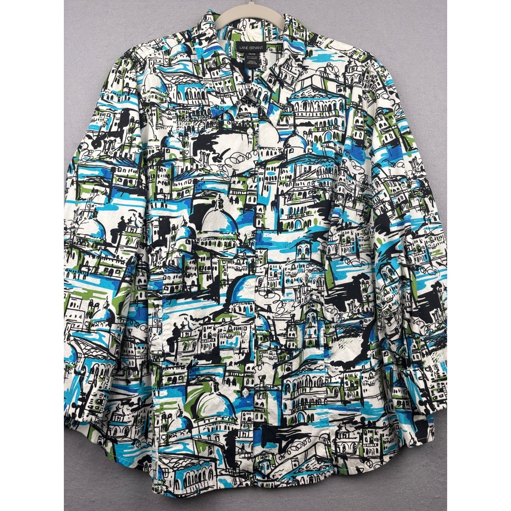 Lane Bryant Blouse Womens 22 24 Cityscape Print Stretch Button Front